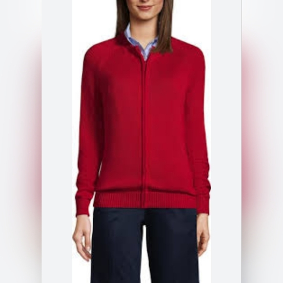 Lands End Sueters Red  Size Medium 10-12 Long Sleeve Crew Neck Full Zipper - Picture 1 of 11